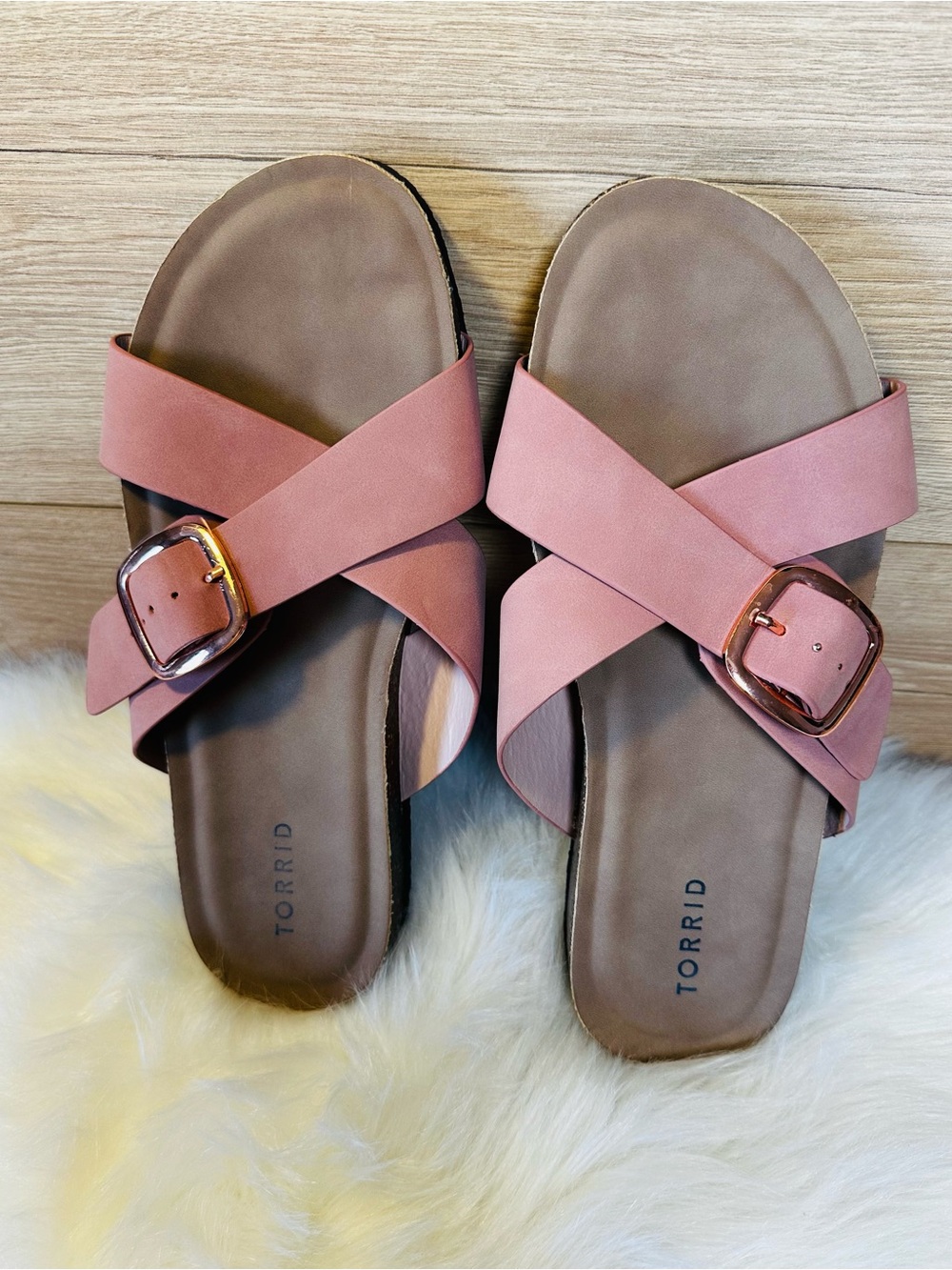 torrid Dusty Rose Crisscross Buckle Slide Sandals